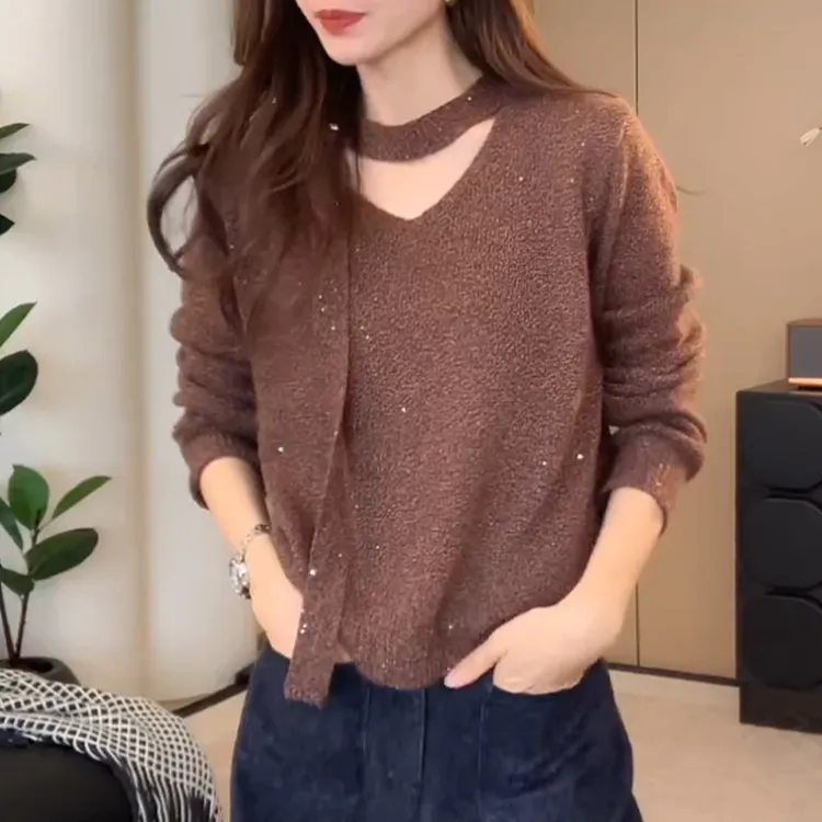 2025新款秋冬时尚洋气设计感挂脖飘带长袖针织衫女宽松显瘦毛衣潮