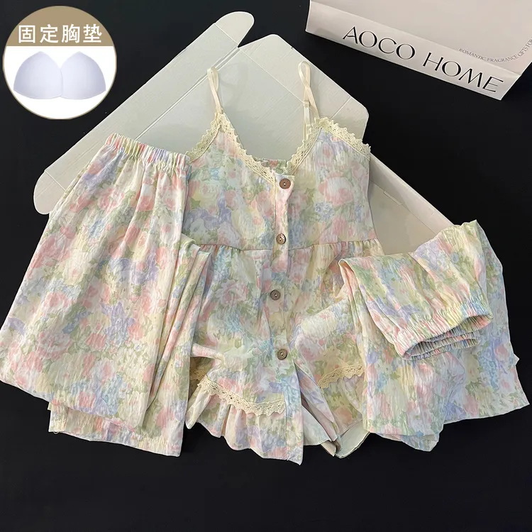 简约小碎花睡衣女生新款夏季带胸垫吊带长裤休闲宽松三件套家居服