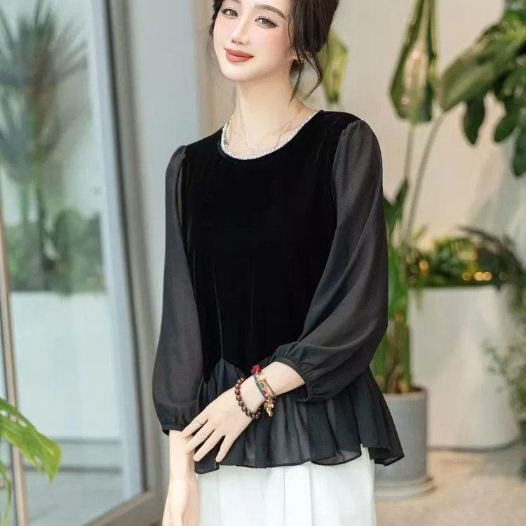 雪纺金丝绒波浪拼接九分袖圆领秋季洋气打底小衫女装