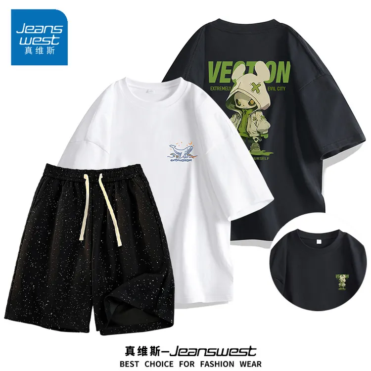 【三件装】纯棉短袖T恤夏季休闲短裤时尚运动百搭套装-3