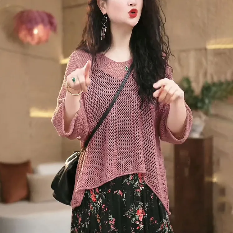 粉色镂空针织衫女士2025夏季时尚显瘦洋气减龄设计感短袖休闲上衣