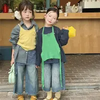 【安安家】女童韩版秋纯色背心格子衬衣屁帘宽松牛仔裤四件套R25425