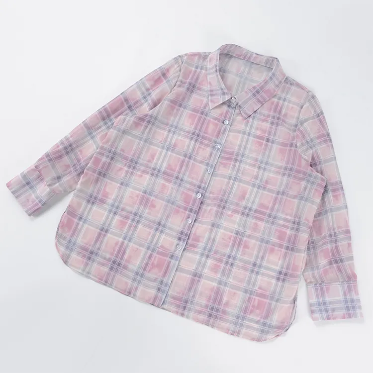 酒窝桃子雾霭流霞大码格纹衬衫纱感正肩长袖显瘦遮肉垂坠轻薄春夏