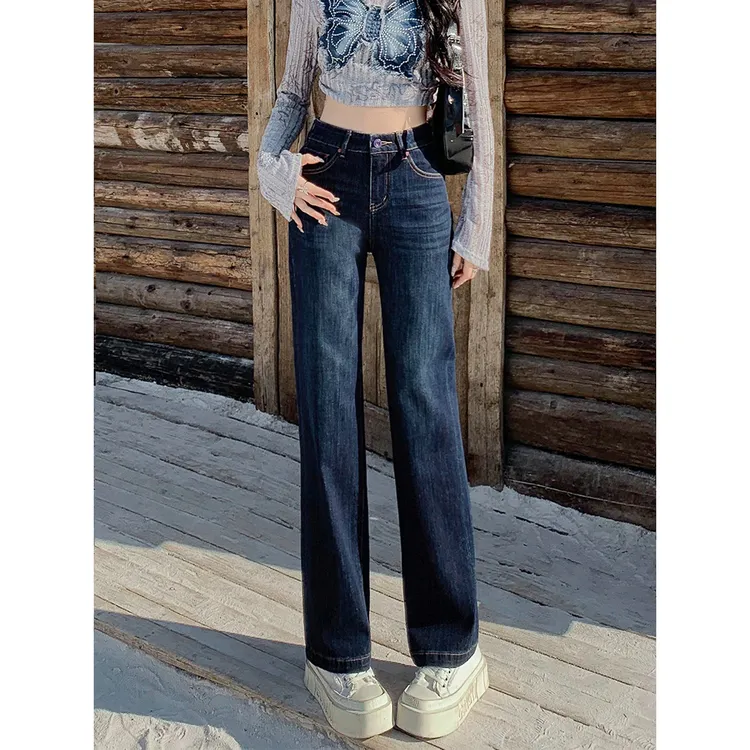 【4875】秋冬新款抓绒牛仔裤女高腰显瘦窄版直筒宽松长裤子