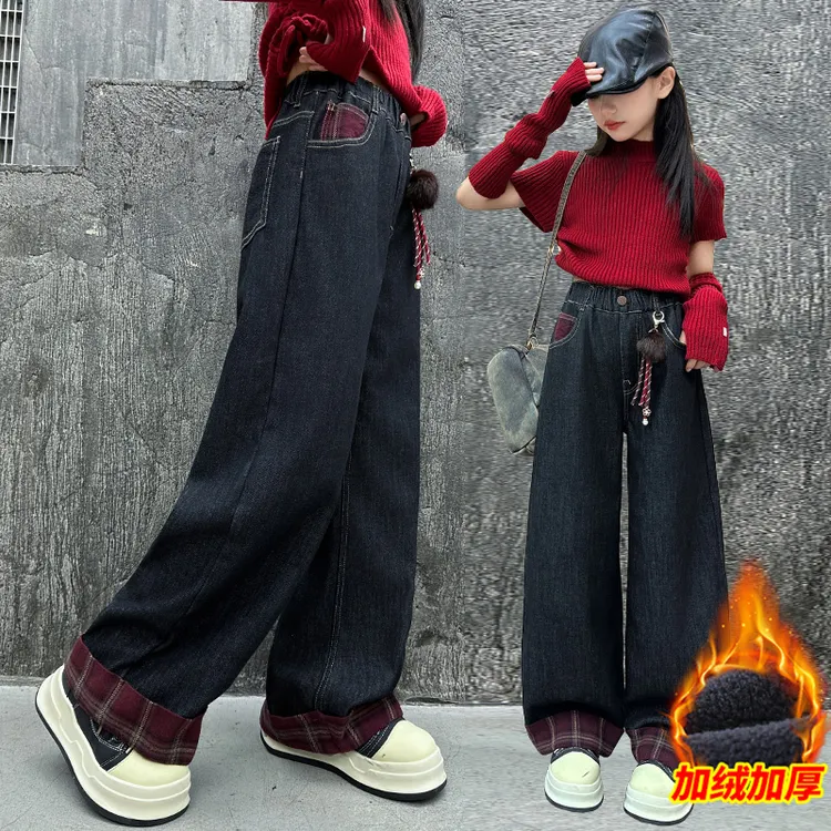 女童装秋冬款加绒牛仔裤中大童韩版宽松阔腿裤女孩一体绒冬季长裤