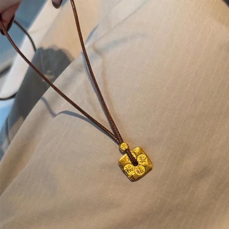 铜合金项链 小方块福禄寿喜项链女复古编绳新中式锁骨链不掉色