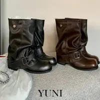 YUNI废土风时髦褶皱扣带粗跟短靴女复古英伦西部牛仔马丁靴