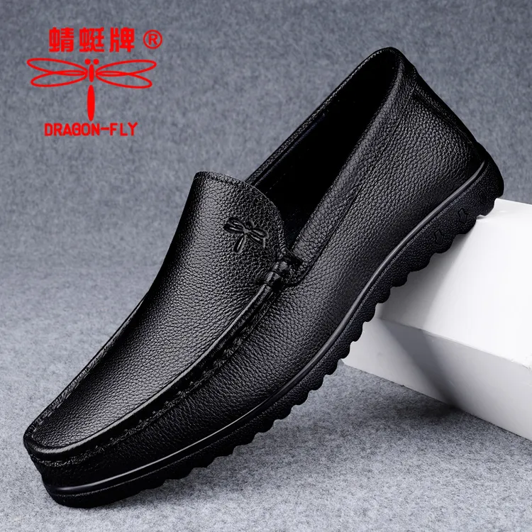 全牛皮蜻蜓牌豆豆鞋男款软皮软底防滑爸爸鞋一脚蹬休闲皮鞋头层皮