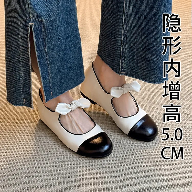 〖内增高5厘米〗小香风蝴蝶结玛丽珍鞋名媛风拼色圆头ins百搭淑女鞋