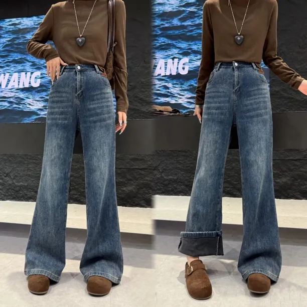 60096#广州高品大码冬加绒四面弹微喇牛仔裤