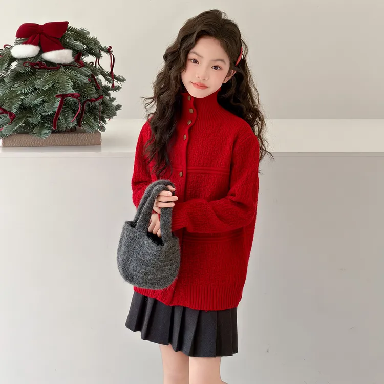 女童红色半高领针织开衫毛衣短外套秋冬新款儿童高级感减龄上衣潮