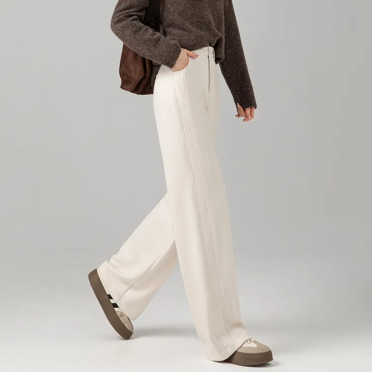 毛呢阔腿裤女2025新款米白色高腰裤子冬加厚女款高级感直筒休闲裤