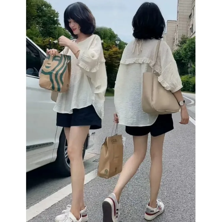 木耳边短袖小衫上衣女2025夏季新款宽松薄款蝙蝠袖洋气设计感衬衫