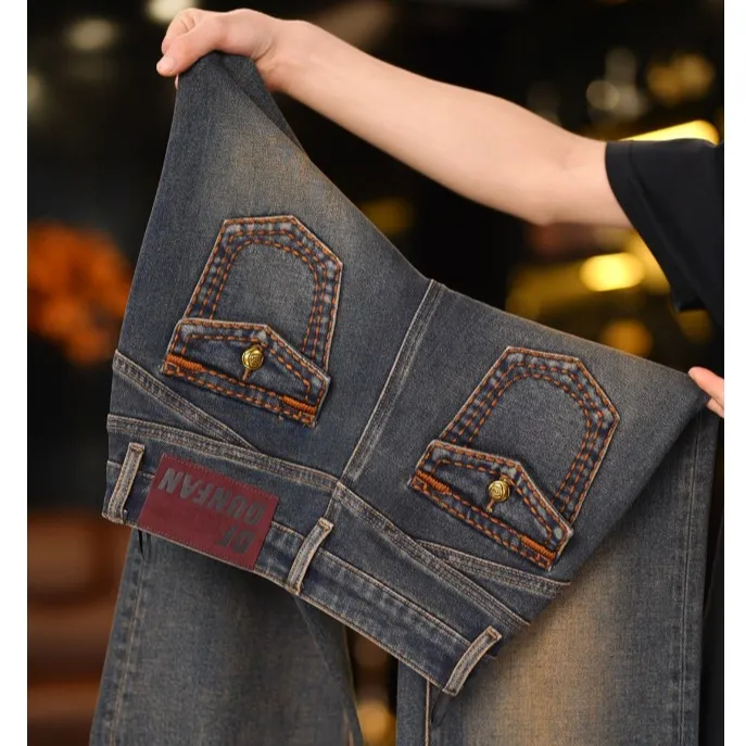 【流金岁月】加绒直筒喇叭裤复古深蓝牛仔裤高腰秋冬修身显瘦微喇