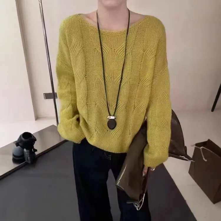 秋冬女士黄色毛衣女款2025新款高级感慵懒针织衫外穿宽松上衣冬季