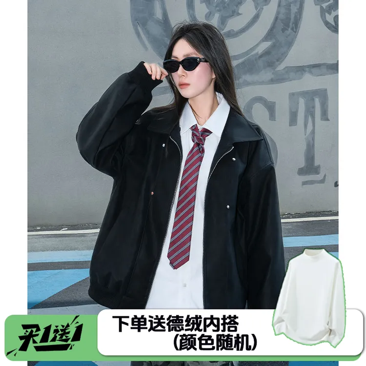 秋冬季翻领皮夹克男女机车服潮牌防风情侣宽松男士外套秋冬款