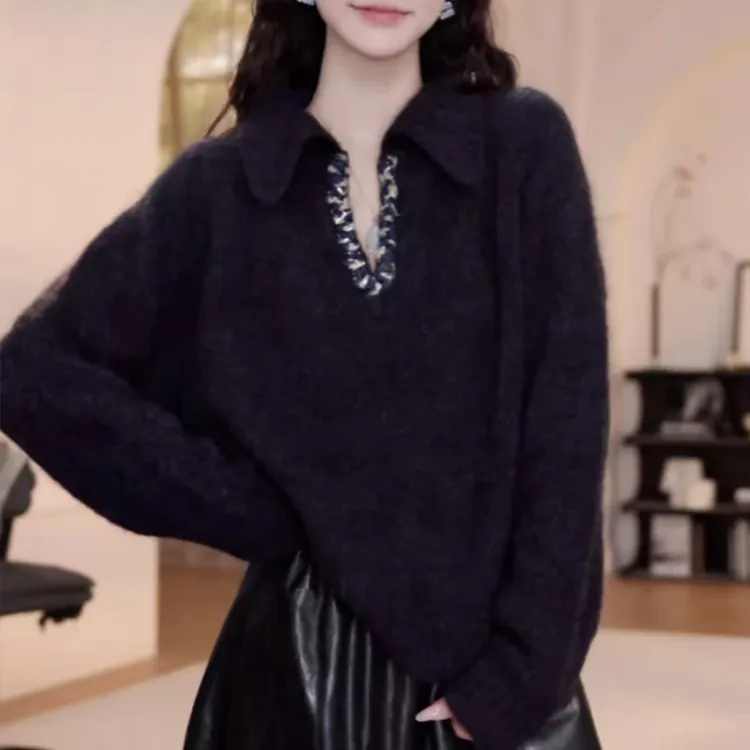 2025早秋新款纯色polo翻领V领针织开衫长袖设计感百搭潮流女士