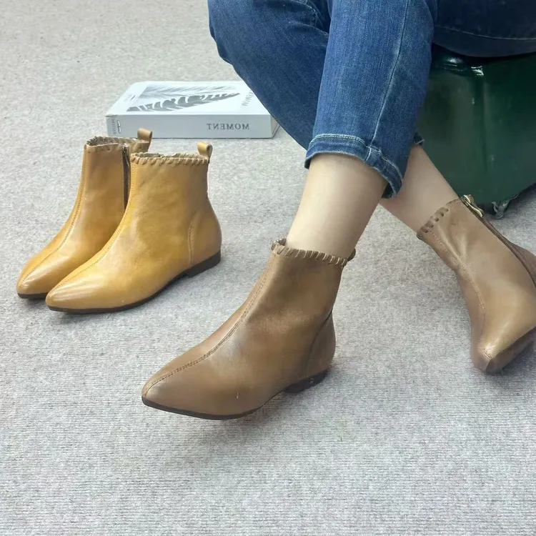 秋季手工制作牛皮平底短靴低跟靴子女士平底时装靴