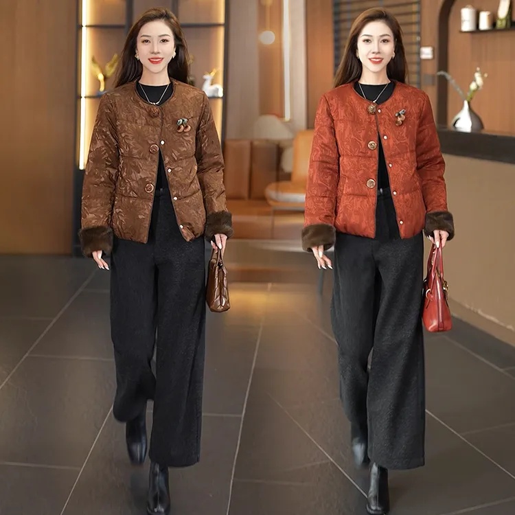 艾格新中式国风短款棉服女2025冬季新款提花加厚保暖拼接棉衣外套