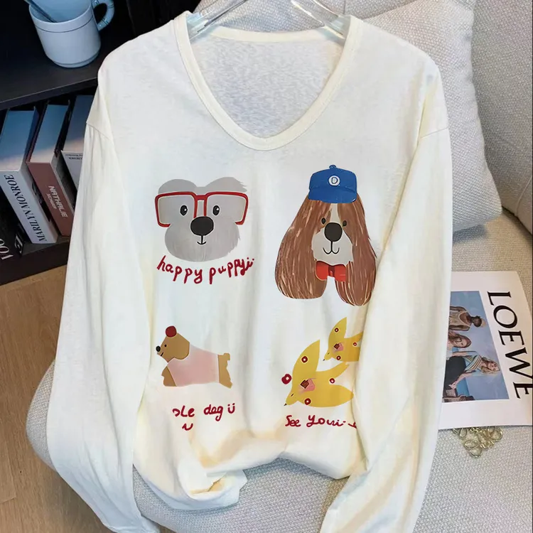 A-运补6-8】字母动物印花T恤长袖时尚休闲ins百搭学院风圆领