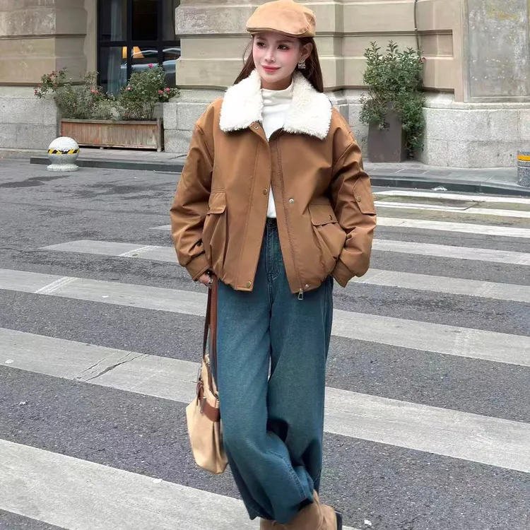 美拉德宽松棉服女短外套美式翻领羊羔绒外套立领ins秋冬女装上衣