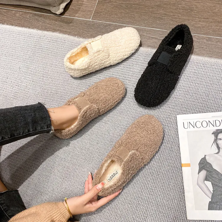 GPTSu女鞋大码棉瓢鞋女秋冬季时尚外穿厚底一脚蹬加绒毛毛豆豆鞋