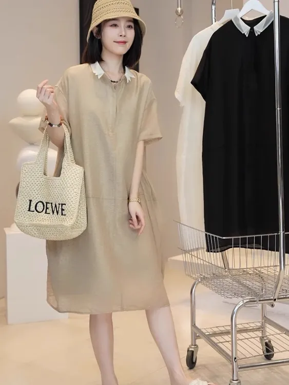 轻奢高级感气质亚麻连衣裙女2025新款夏季裙子大码宽松显瘦衬衫裙