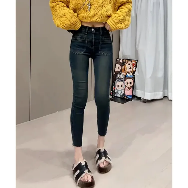 蓝色小脚牛仔裤女2025新款秋季高腰修身显瘦时尚爆款紧身铅笔裤子