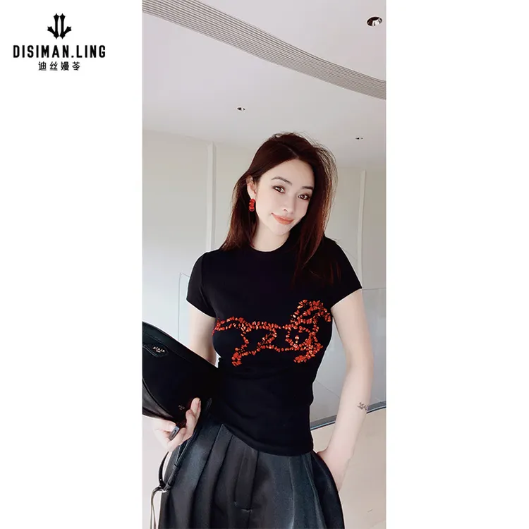 【迪丝嫚苓】黑色棉上衣时尚百搭休闲女士圆领轻奢原创设计小众优雅