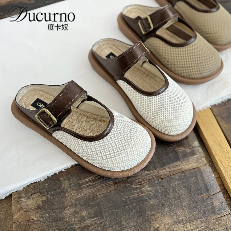 包头半拖鞋女外穿夏季复古女鞋韩版百搭休闲平底舒适蕾丝网面凉拖