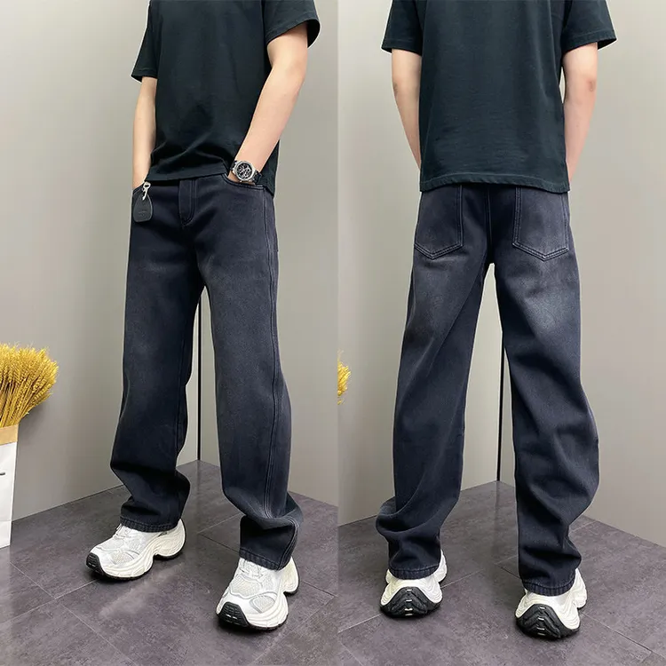 秋冬美式复古加绒加厚牛仔裤男宽松直筒潮流水洗高街阔腿休闲长裤