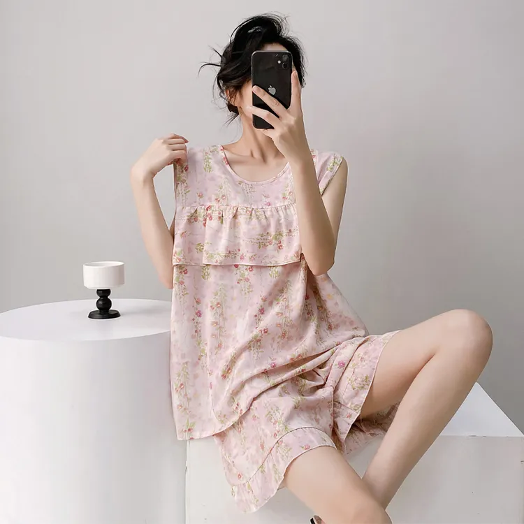 防凸棉绸背心短裤睡衣女士无袖夏季薄款大码宽松绵绸家居服人造棉
