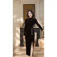 彩彩家【星光绘梦】冬款显瘦气质收腰修身复古遮肉设计连衣裙