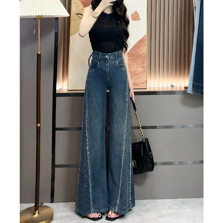 喜绚烫钻阔腿喇叭牛仔裤女2025年春夏新款时尚辣妹水洗蓝直筒裤子