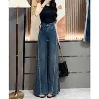 喜绚烫钻阔腿喇叭牛仔裤女2025年春夏新款时尚辣妹水洗蓝直筒裤子