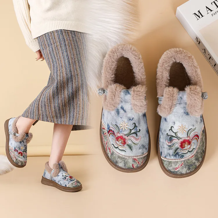 2025绵羊毛冬季老北京棉鞋女加绒加厚保暖妈妈鞋一脚蹬厚底绣花鞋