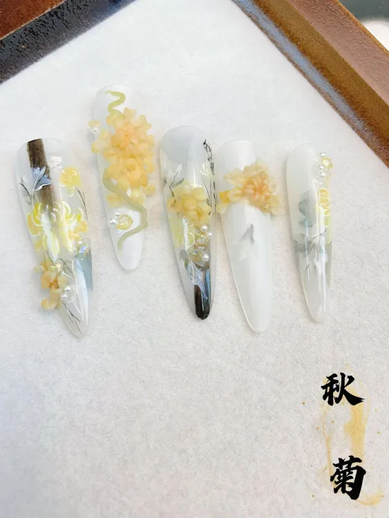 【秋菊】 指画阁 纯手工雕花 手绘穿戴甲
