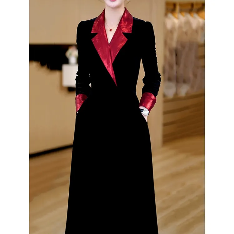 秋冬新款洋气通勤显瘦A字裙 时尚轻奢撞色拼接西装领小黑裙女