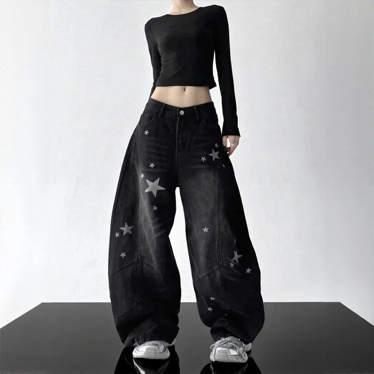 重工水洗牛仔裤女2025新款春秋高腰显瘦直筒宽松设计感休闲阔腿裤