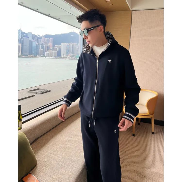 【提花蜜蜂】秋冬羊毛混纺蜜蜂刺绣提花连帽秋冬夹克外套裤子套装