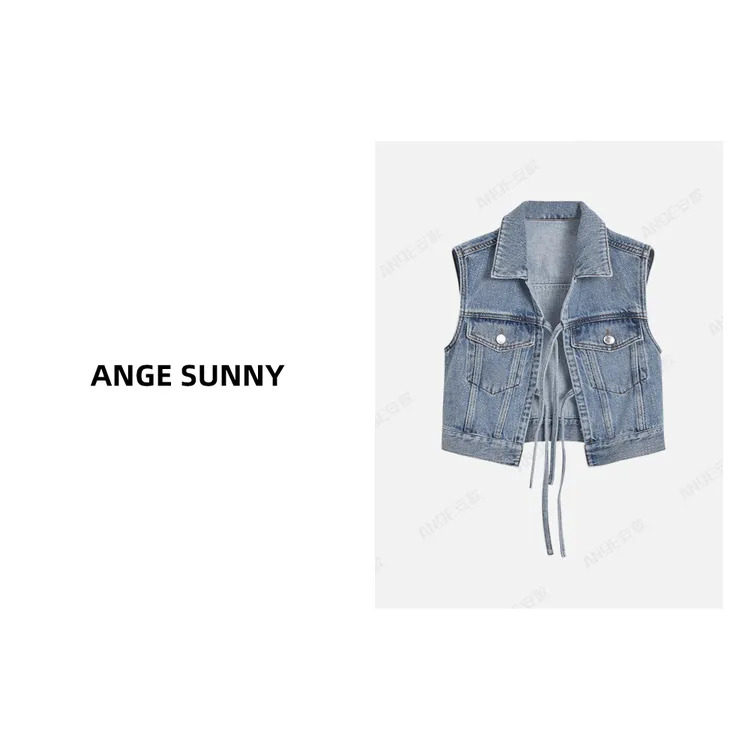 ANGE SUNNY【专属推荐】蔡卓妍同款 闪钻牛仔马甲 满钻绑带牛仔上衣