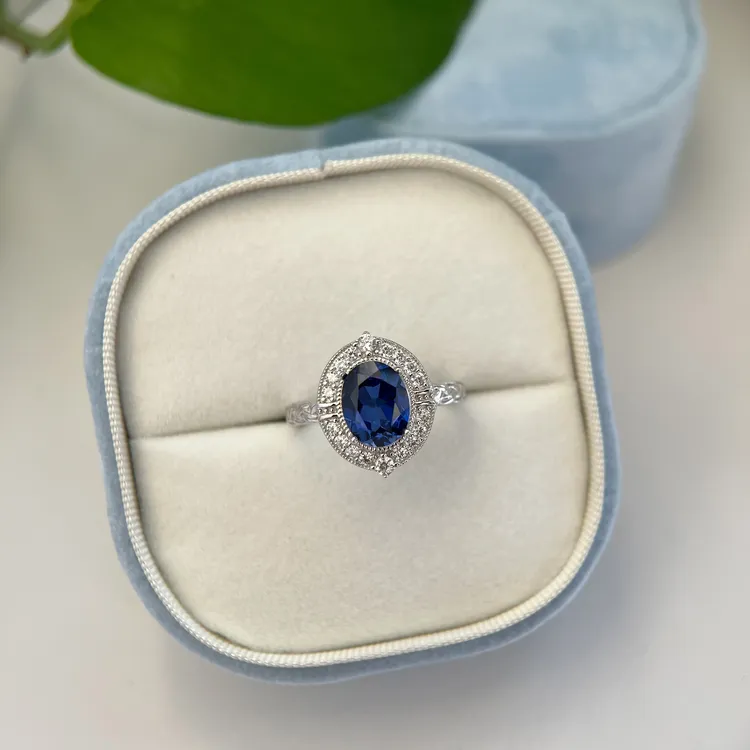 培育蓝宝石7*9椭圆合成蓝宝石镶嵌精美奢华活口可调节送母亲礼物