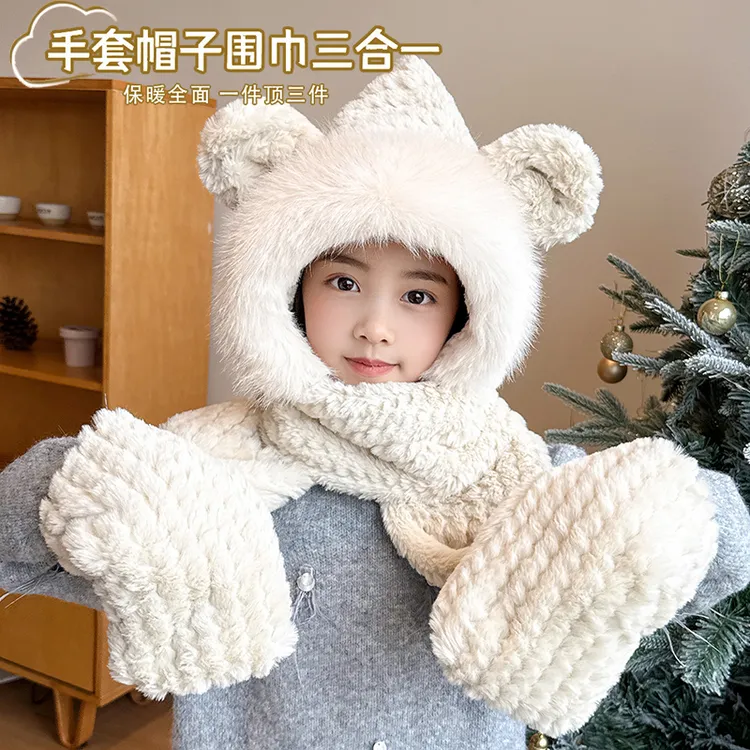 帽子围巾一体女秋冬季毛绒加厚保暖围脖三件套防风防寒保暖帽