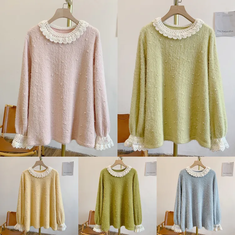 钉珠打底C5362钉珠钩花娃娃领毛绒针织打底衫