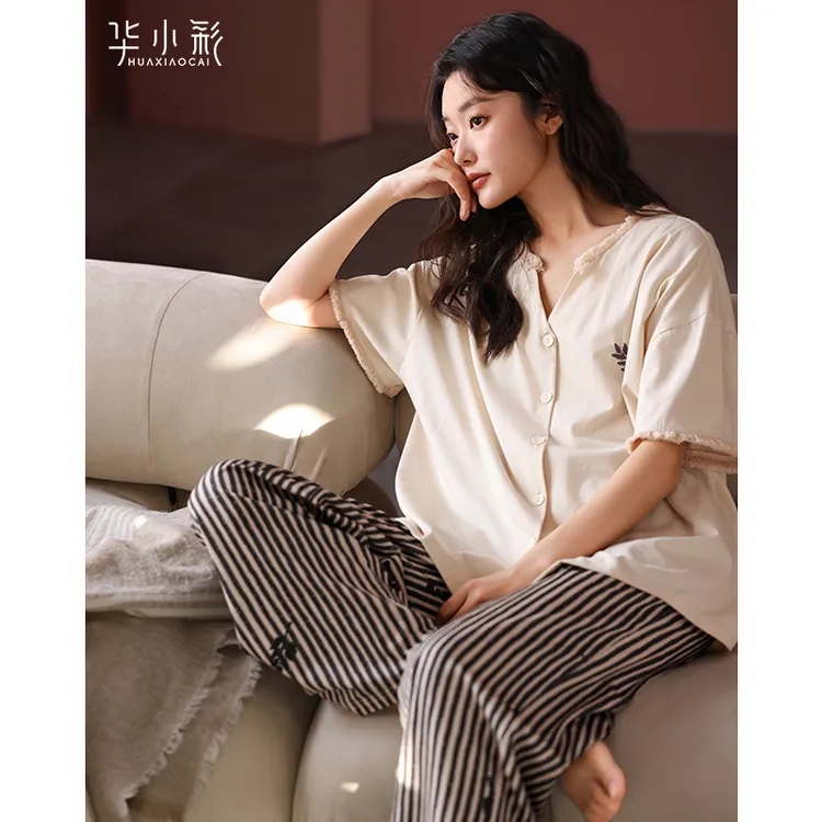 女士睡衣2025新款夏季薄款纯棉短袖条纹长裤高级感开衫家居服套装