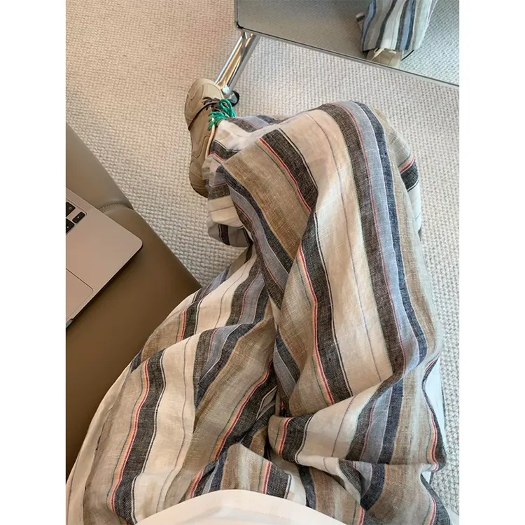 【撞色条纹】日系复古休闲高腰睡裤女夏季新款直筒长裤子遛弯可外穿