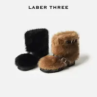 LABERTHREE25秋日暖阳皮扣蓬松毛毛靴时尚辣妹风厚底个性短靴