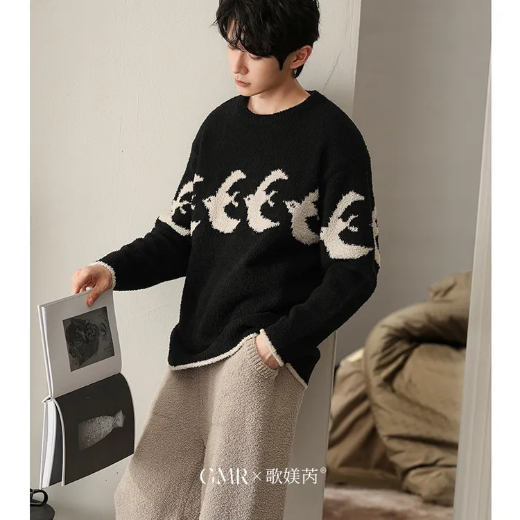 半边绒男士睡衣秋冬季冬款加厚保暖可外穿大码套头珊瑚绒家居服男