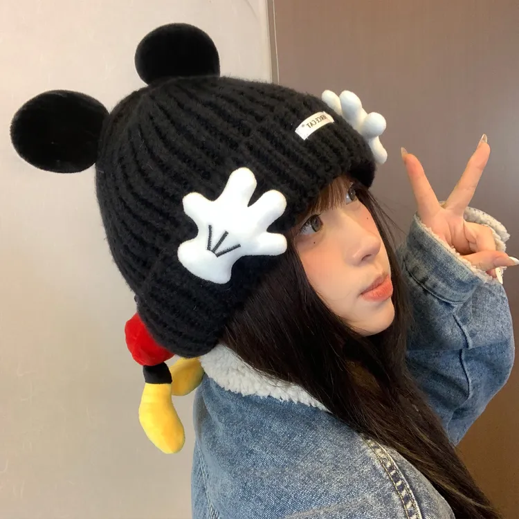 可爱米奇屁屁捂脸小手针织毛线帽女秋冬季保暖防寒显脸小护耳帽子