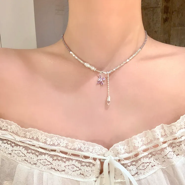 芒果饰品 铜合金项链 轻奢紫锆碎银蝴蝶水滴流苏项链女精致锁骨链